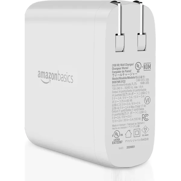 Amazon Basics 100W FourPort GaN Wall Charger with 2 USBC 100W 18W amp 2 USBA Ports 12W with PD for Laptops Tablets amp Phones iPhone 1514131211XiPadMacPro Samsung amp more nonPPS WhiteWhite 100W 2 USBC  2 USBA