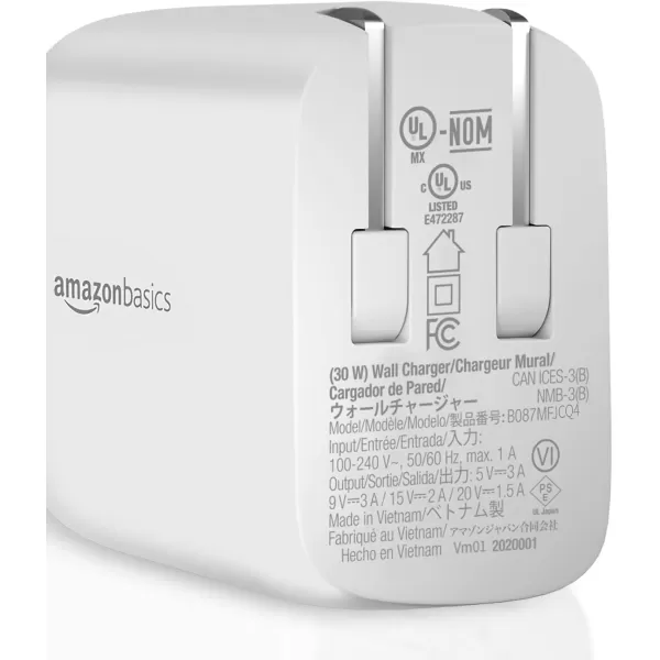 Amazon Basics 100W FourPort GaN Wall Charger with 2 USBC 100W 18W amp 2 USBA Ports 12W with PD for Laptops Tablets amp Phones iPhone 1514131211XiPadMacPro Samsung amp more nonPPS WhiteWhite 30W 1 USBC