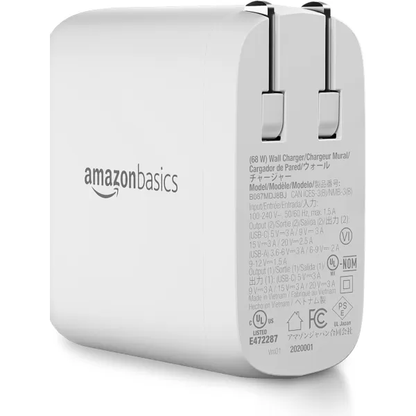 Amazon Basics 100W FourPort GaN Wall Charger with 2 USBC 100W 18W amp 2 USBA Ports 12W with PD for Laptops Tablets amp Phones iPhone 1514131211XiPadMacPro Samsung amp more nonPPS WhiteWhite 68W 1 USBC  1 USB A