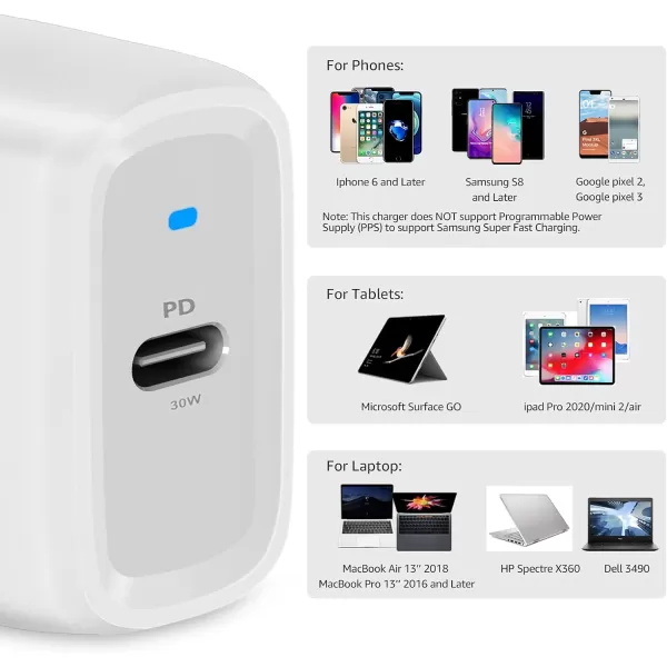 Amazon Basics 100W FourPort GaN Wall Charger with 2 USBC 100W 18W amp 2 USBA Ports 12W with PD for Laptops Tablets amp Phones iPhone 1514131211XiPadMacPro Samsung amp more nonPPS WhiteWhite 30W 1 USBC