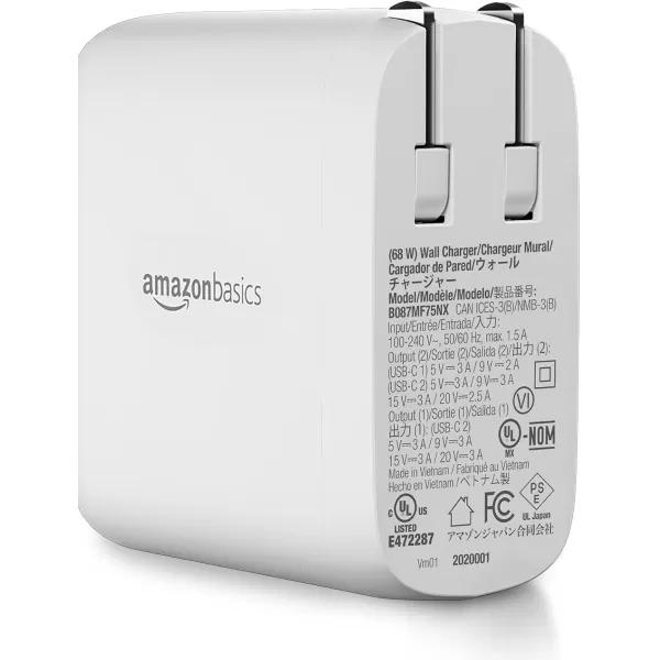 Amazon Basics 100W FourPort GaN Wall Charger with 2 USBC 100W 18W amp 2 USBA Ports 12W with PD for Laptops Tablets amp Phones iPhone 1514131211XiPadMacPro Samsung amp more nonPPS WhiteWhite 68W 2 USBC