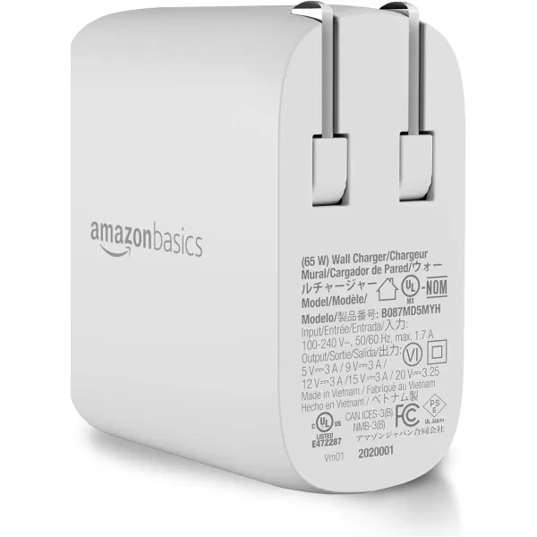 Amazon Basics 100W FourPort GaN Wall Charger with 2 USBC 100W 18W amp 2 USBA Ports 12W with PD for Laptops Tablets amp Phones iPhone 1514131211XiPadMacPro Samsung amp more nonPPS WhiteWhite 65W 1 USBC