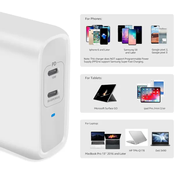 Amazon Basics 100W FourPort GaN Wall Charger with 2 USBC 100W 18W amp 2 USBA Ports 12W with PD for Laptops Tablets amp Phones iPhone 1514131211XiPadMacPro Samsung amp more nonPPS WhiteWhite 68W 2 USBC