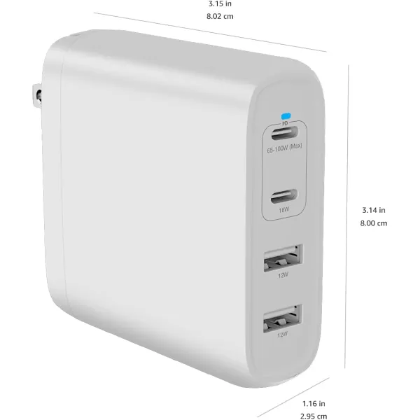 Amazon Basics 100W FourPort GaN Wall Charger with 2 USBC 100W 18W amp 2 USBA Ports 12W with PD for Laptops Tablets amp Phones iPhone 1514131211XiPadMacPro Samsung amp more nonPPS WhiteWhite 100W 2 USBC  2 USBA
