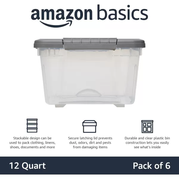 Amazon Basics 12 Quart Stackable Plastic Storage Bins with Latching Lids Clear Grey Pack of 612 Qt  6 Pack