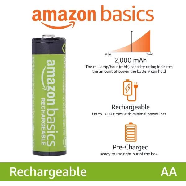 Amazon Basics 12Pack Rechargeable AA NiMH Performance Batteries 2000 mAh Recharge up to 1000x Times PreCharged16 Count Pack of 1