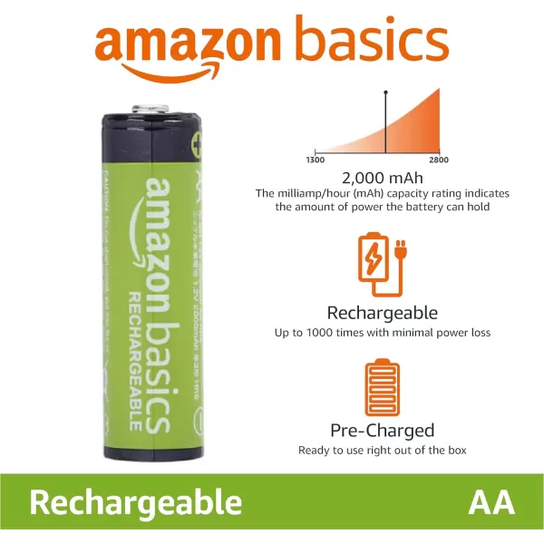 Amazon Basics 12Pack Rechargeable AA NiMH Performance Batteries 2000 mAh Recharge up to 1000x Times PreCharged24 Count Pack of 1