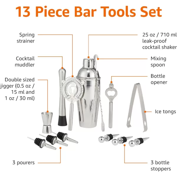 Amazon Basics 13Piece Stainless Steel Bar Tools Set with 24oz Shaker Jigger Muddler Pourer13Piece