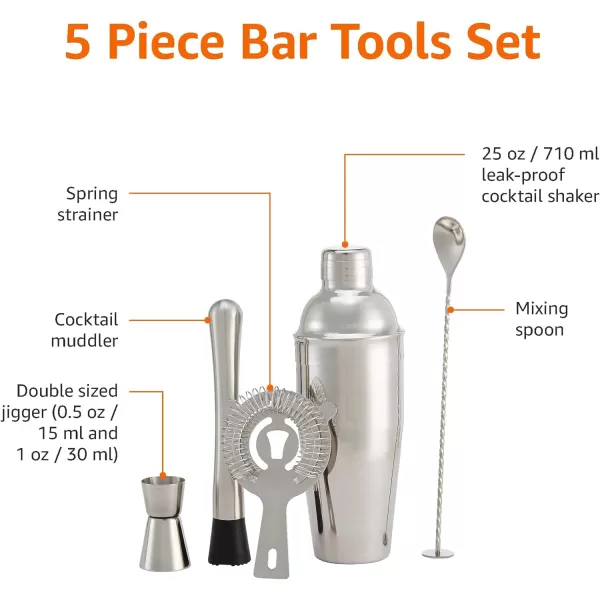 Amazon Basics 13Piece Stainless Steel Bar Tools Set with 24oz Shaker Jigger Muddler Pourer5Piece