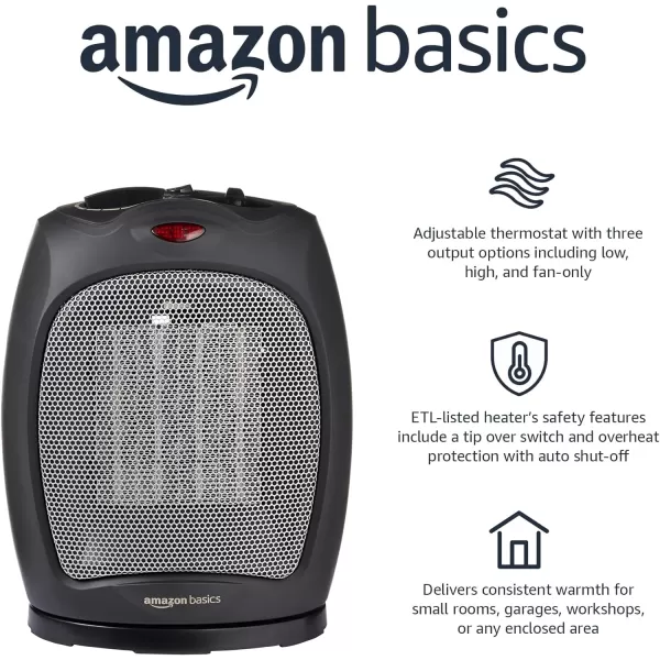 Amazon Basics 1500W Ceramic Personal Heater with Adjustable Thermostat SilverBlack Heater with Oscillating