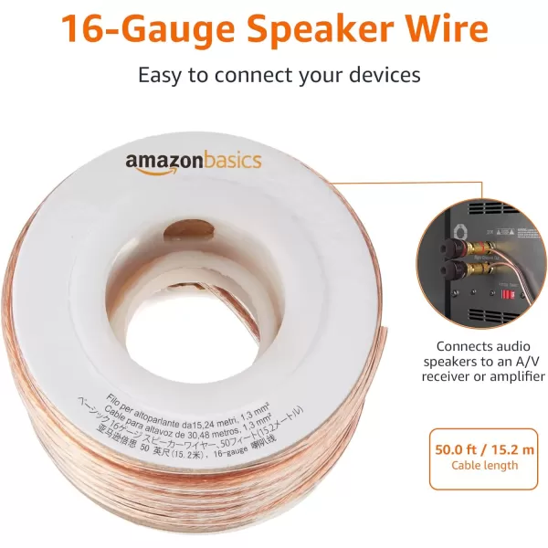 Amazon Basics 16Gauge Speaker Wire Cable 50 Feet50 Feet 1Pack