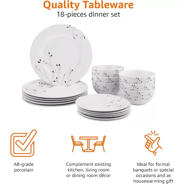 Amazon Basics 18Piece Kitchen Dinnerware Set Plates Dishes Bowls Service for 6 White Porcelain CoupeBranches