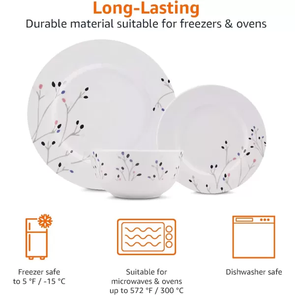 Amazon Basics 18Piece Kitchen Dinnerware Set Plates Dishes Bowls Service for 6 White Porcelain CoupeBranches