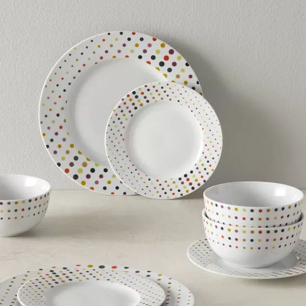 Amazon Basics 18Piece Kitchen Dinnerware Set Plates Dishes Bowls Service for 6 White Porcelain CoupeDots