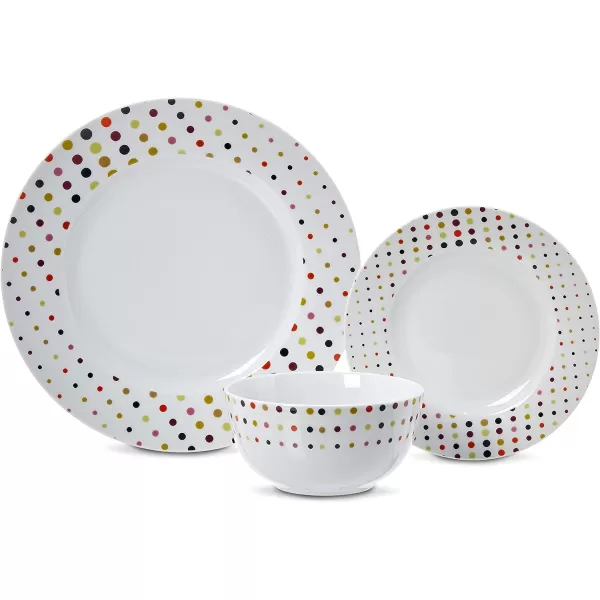 Amazon Basics 18Piece Kitchen Dinnerware Set Plates Dishes Bowls Service for 6 White Porcelain CoupeDots