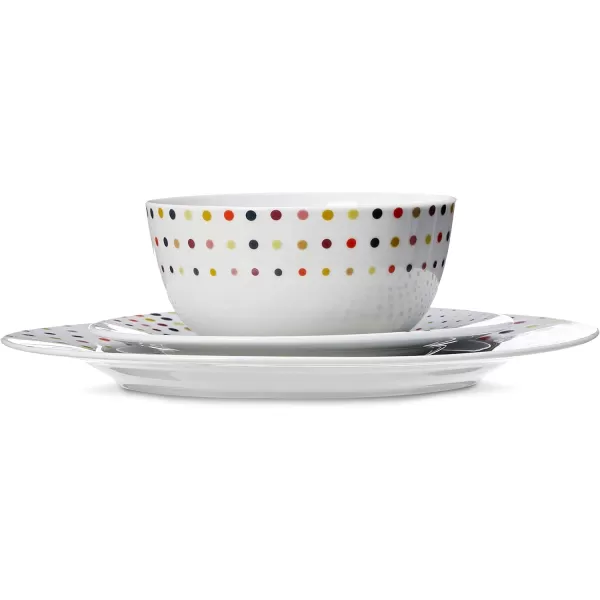 Amazon Basics 18Piece Kitchen Dinnerware Set Plates Dishes Bowls Service for 6 White Porcelain CoupeDots