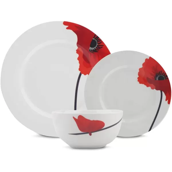 Amazon Basics 18Piece Kitchen Dinnerware Set Plates Dishes Bowls Service for 6 White Porcelain CoupePoppy