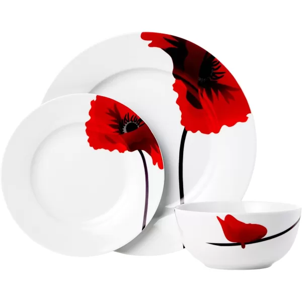 Amazon Basics 18Piece Kitchen Dinnerware Set Plates Dishes Bowls Service for 6 White Porcelain CoupePoppy