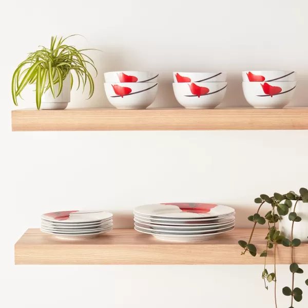 Amazon Basics 18Piece Kitchen Dinnerware Set Plates Dishes Bowls Service for 6 White Porcelain CoupePoppy