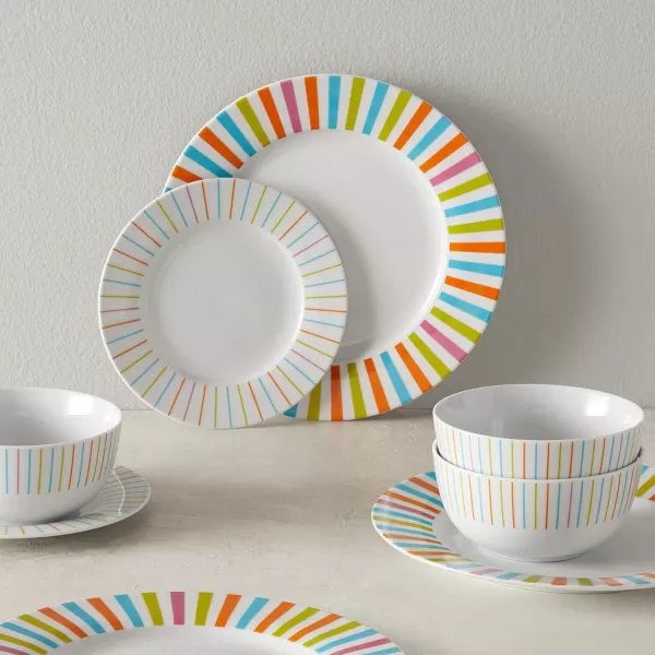 Amazon Basics 18Piece Kitchen Dinnerware Set Plates Dishes Bowls Service for 6 White Porcelain CoupeSunburst
