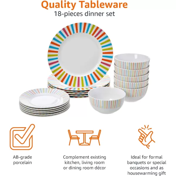 Amazon Basics 18Piece Kitchen Dinnerware Set Plates Dishes Bowls Service for 6 White Porcelain CoupeSunburst