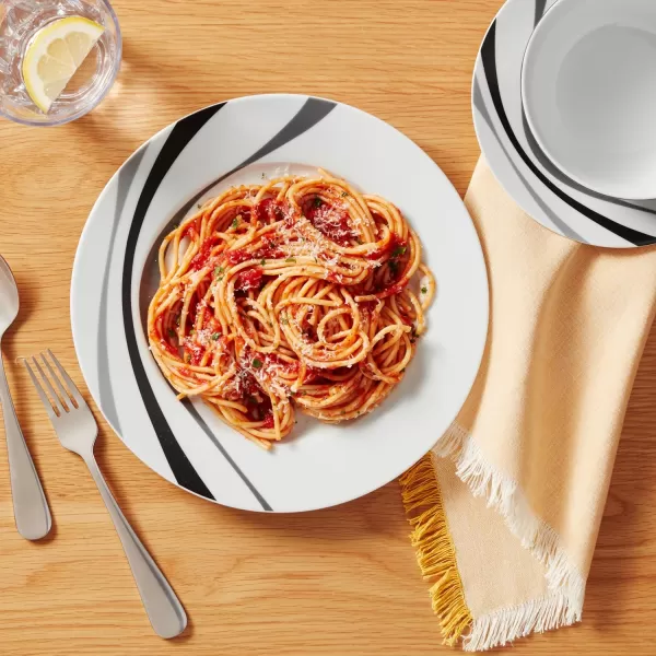 Amazon Basics 18Piece Kitchen Dinnerware Set Plates Dishes Bowls Service for 6 White Porcelain CoupeSwirl
