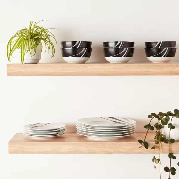 Amazon Basics 18Piece Kitchen Dinnerware Set Plates Dishes Bowls Service for 6 White Porcelain CoupeSwirl