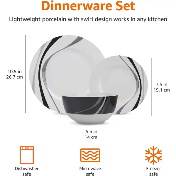 Amazon Basics 18Piece Kitchen Dinnerware Set Plates Dishes Bowls Service for 6 White Porcelain CoupeSwirl