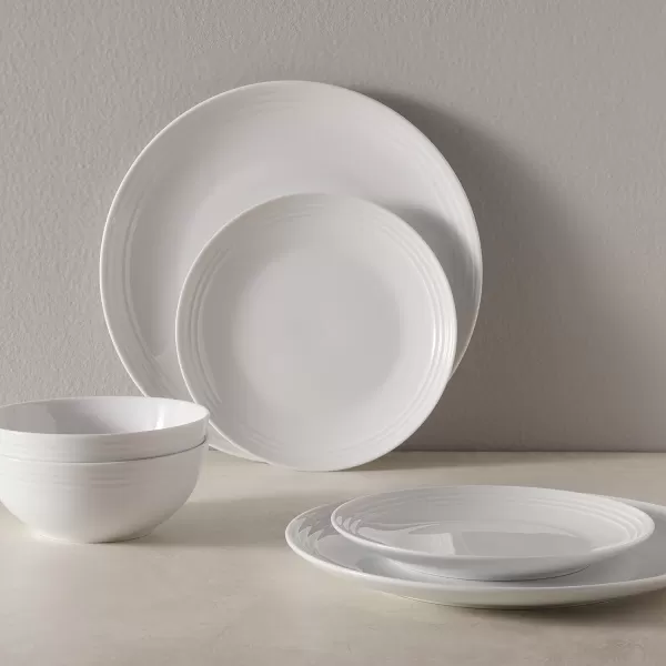 Amazon Basics 18Piece Kitchen Dinnerware Set Plates Dishes Bowls Service for 6 White Porcelain CoupeWhite Embossed
