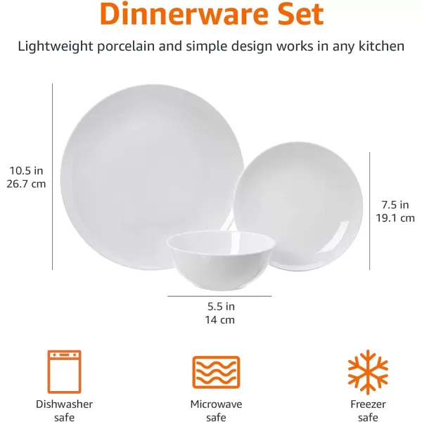 Amazon Basics 18Piece Kitchen Dinnerware Set Plates Dishes Bowls Service for 6 White Porcelain CoupeWhite Porcelain Coupe