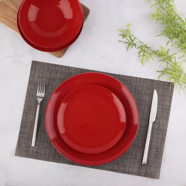 Amazon Basics 18Piece Stoneware Dinnerware Set  Deep Teal Service for 6Fire Engine Red