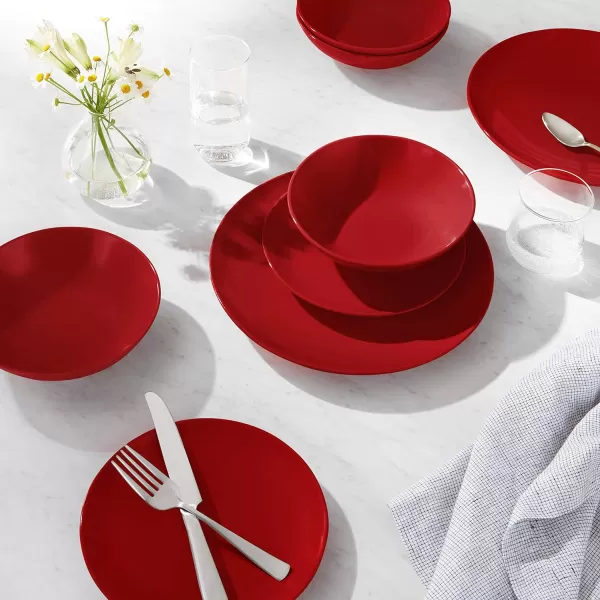 Amazon Basics 18Piece Stoneware Dinnerware Set  Deep Teal Service for 6Fire Engine Red