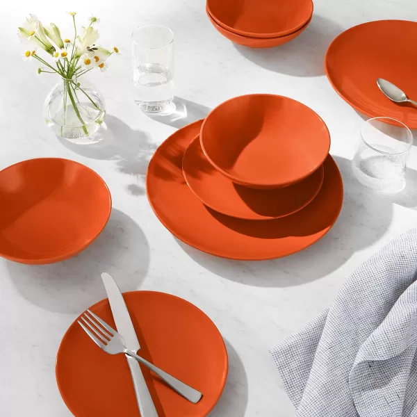 Amazon Basics 18Piece Stoneware Dinnerware Set  Deep Teal Service for 6Tangerine Orange