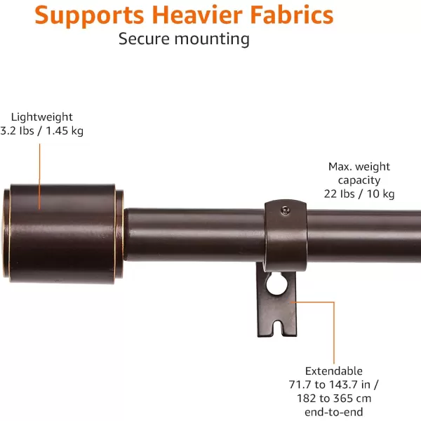 Amazon Basics 1Inch Curtain Rod with Cap Finials 72 to 144 NickelBronze 72 to 144 1Inch Rod
