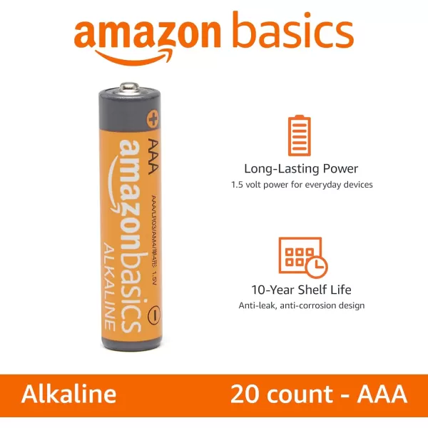Amazon Basics 20Pack AAA Alkaline HighPerformance Batteries 15 Volt 10Year Shelf Life20 Count Pack of 1