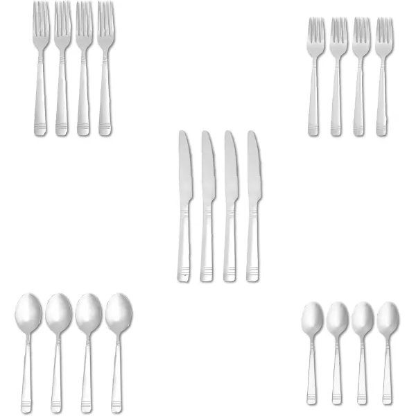 Amazon Basics 20Piece Stainless Steel Flatware Set with Round Edge Service for 4 Silver20Piece Bistro