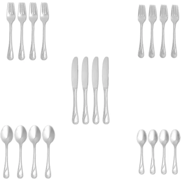 Amazon Basics 20Piece Stainless Steel Flatware Set with Round Edge Service for 4 Silver20Piece Modern Finish