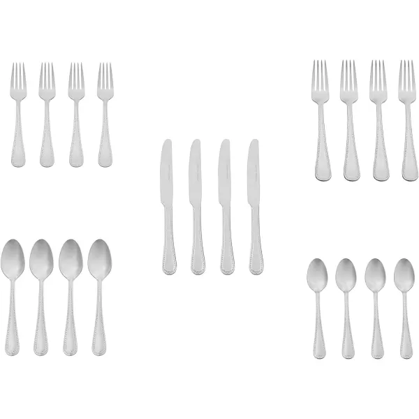 Amazon Basics 20Piece Stainless Steel Flatware Set with Round Edge Service for 4 Silver20Piece Pearled Edge