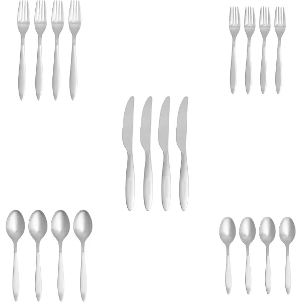 Amazon Basics 20Piece Stainless Steel Flatware Set with Round Edge Service for 4 Silver20Piece Satin Matte