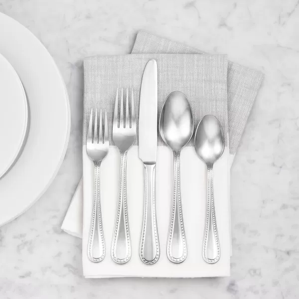 Amazon Basics 20Piece Stainless Steel Flatware Set with Round Edge Service for 4 Silver65Piece Pearled Edge