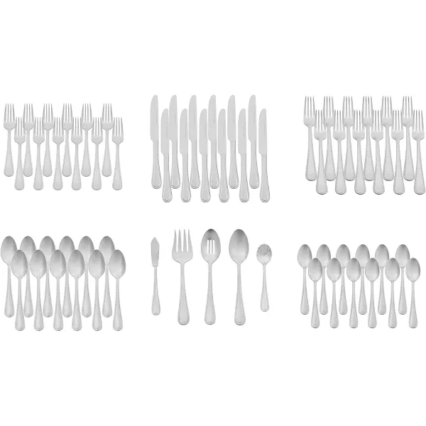 Amazon Basics 20Piece Stainless Steel Flatware Set with Round Edge Service for 4 Silver65Piece Pearled Edge