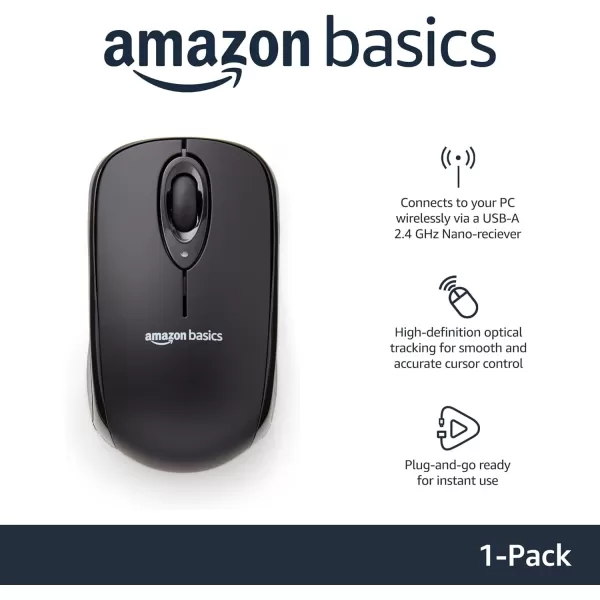 Amazon Basics 24 Ghz Wireless Optical Computer Mouse with USB Nano Receiver BlackBlack 1Pack