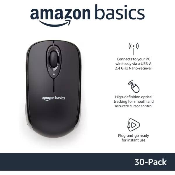 Amazon Basics 24 Ghz Wireless Optical Computer Mouse with USB Nano Receiver BlackBlack 30Pack
