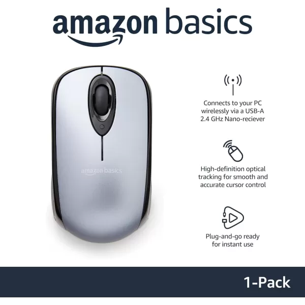 Amazon Basics 24 Ghz Wireless Optical Computer Mouse with USB Nano Receiver BlackSilver 1Pack