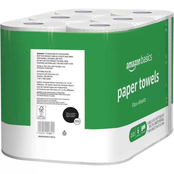 Amazon Basics 2Ply Paper Towels FlexSheets 150 Sheets per Roll 12 Rolls 2 Packs of 6 White6 Rolls Pack of 2