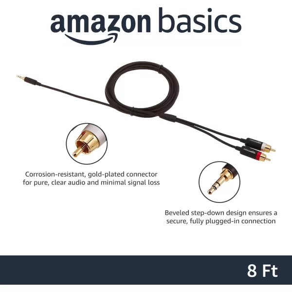 Amazon Basics 35mm Aux to 2 RCA Adapter Audio Cable for Stereo Speaker or Subwoofer with GoldPlated Plugs 4 Foot Black8 Feet 1Pack