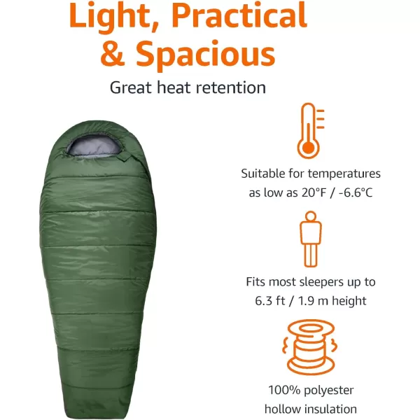 Amazon Basics 3Season 20 Degree F Mummy Sleeping Bag for Camping and Hiking Olive GreenAmazon Basics 3Season 20 Degree F Mummy Sleeping Bag for Camping and Hiking Olive Green