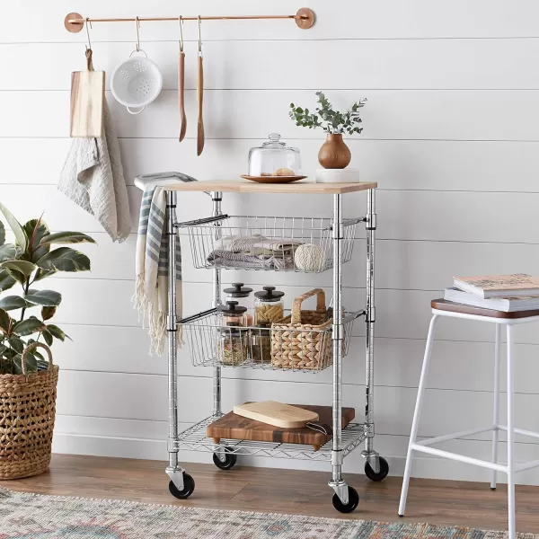 Amazon Basics 3Tier Metal Basket Rolling Cart with Wood Top SilverAmazon Basics 3Tier Metal Basket Rolling Cart with Wood Top Silver