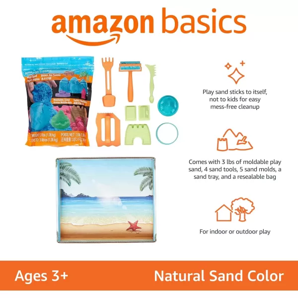 Amazon Basics 3lbs Moldable Sensory Play Sand with Castle Molds and Tool Set for Kids Ages 3 and Up Blue ColorNatural Sand