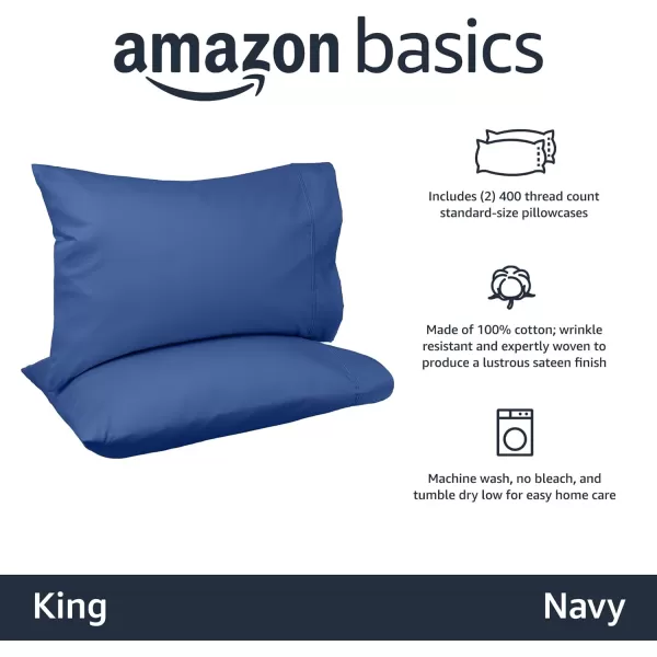 Amazon Basics 400 Thread Count Cotton Pillow Case Standard 30 L x 20 W White  Set of 2Navy King